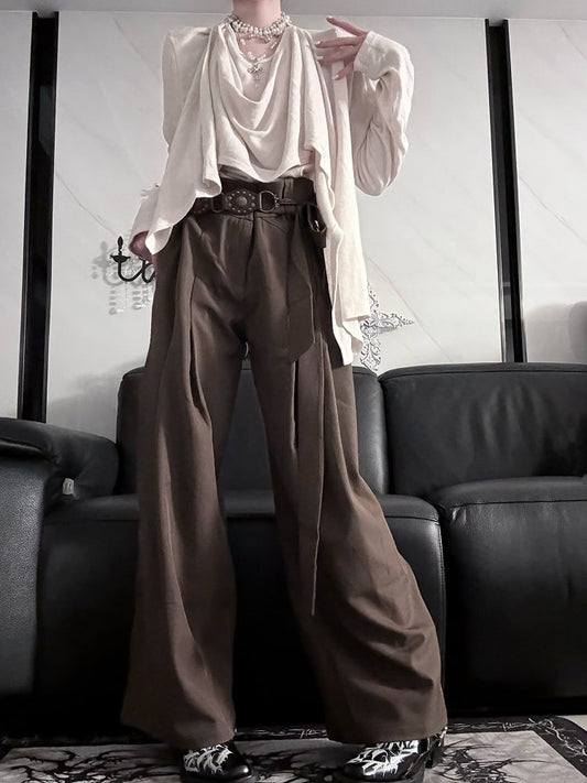 Self-tie Pants Prince Belt with Brown/Gray Wide-leg