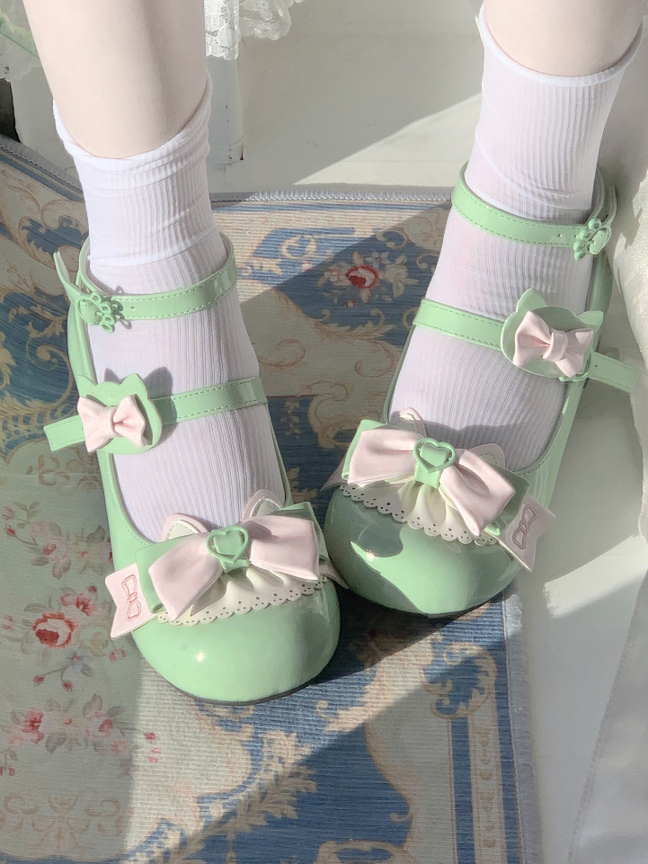 Green Bowknot Kitty-shaped Buckle Strap Block Heels Lolita Mary Janes