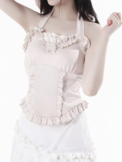 取り外し可能なホルターネック、アプリコットのフリルトリム、ビーズの蝶結び、セルフタイのパッド入りカップ付き