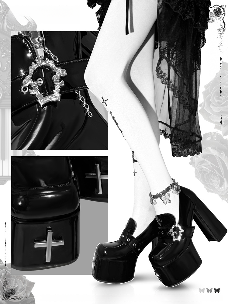 Heel High in Coffin Buckle Gothic with Black Shoes Polished Platform Block 11/13cm