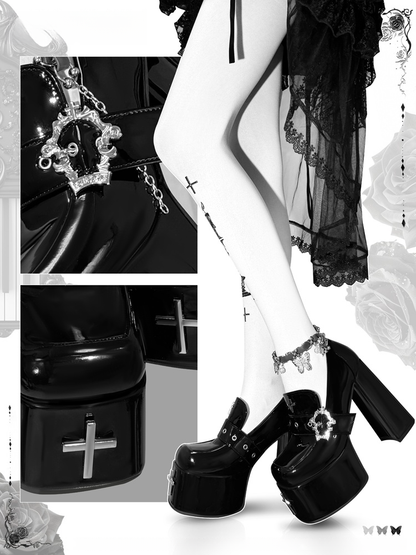 Heel High in Coffin Buckle Gothic with Black Shoes Polished Platform Block 11/13cm