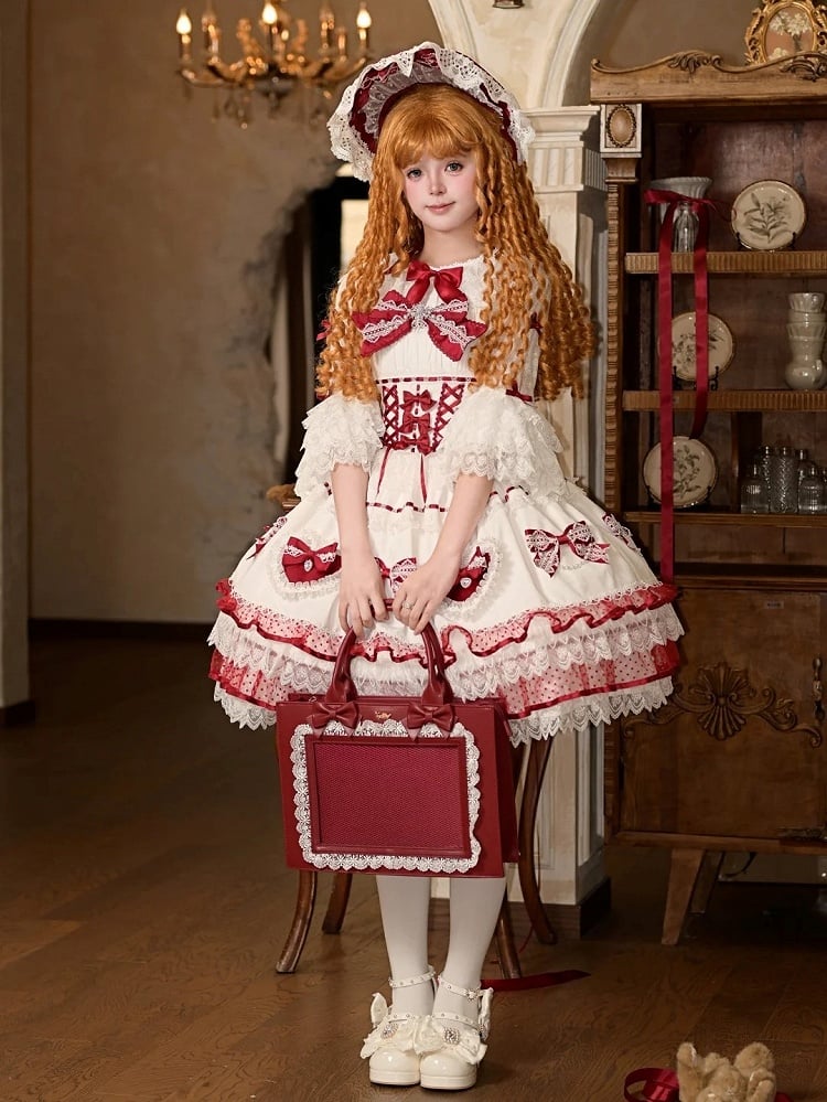 Heart Dress Red JSK Wine Bow with Sweet Appliques Accents Lolita