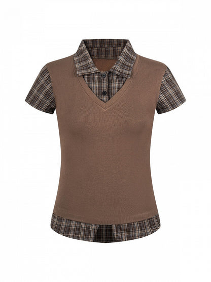 Brown Plaid Two-Piece Short Sleeve Top - Languid Park
