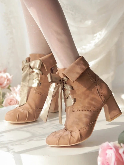 and Boots Fleece Ankle Fold-Over Cuff Design Lolita Brown Lining Plush - with Elegant Lace-Up