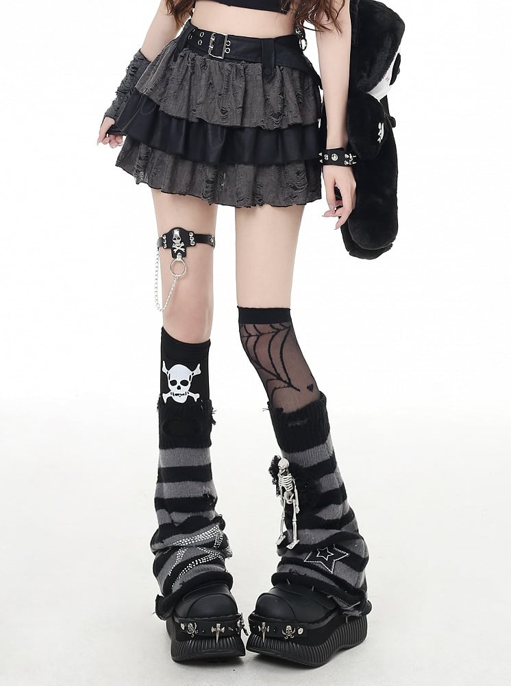 Tiered Skirt Gray Distressed Holes Lined