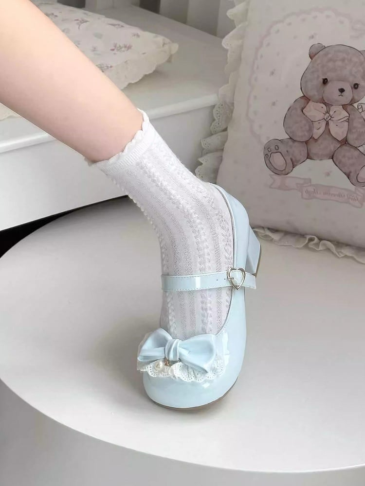 Heart Fastener Blue Round-Toe Lolita Design Mid Sweet - Heels
