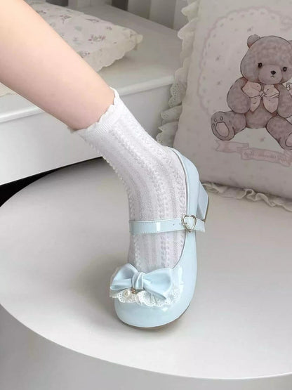 Heart Fastener Blue Round-Toe Lolita Design Mid Sweet - Heels