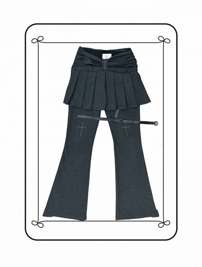 with Pleated Regular/Long Version Jeans Gray Skirt and Cross Flared Motif Dark