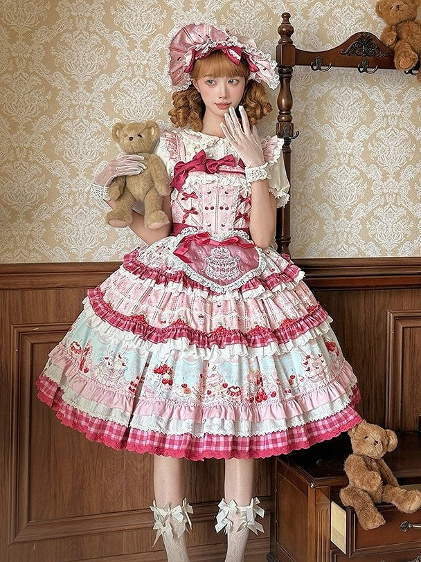 Pink Cherry Cake Print Sweet Lolita Dress with Layered Ruffles - Strawberry Fantasy