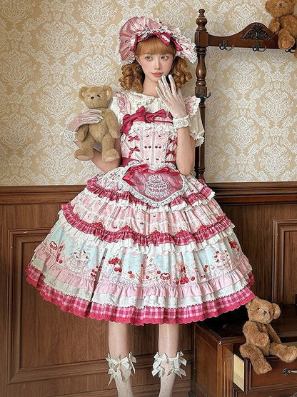 Pink Cherry Cake Print Sweet Lolita Dress with Layered Ruffles - Strawberry Fantasy