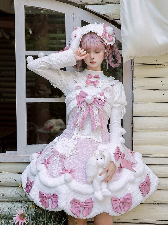 and Bows Sleeves Top Pink with Knitted Long White Pom-poms