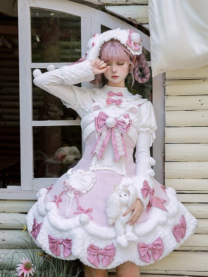 and Bows Sleeves Top Pink with Knitted Long White Pom-poms