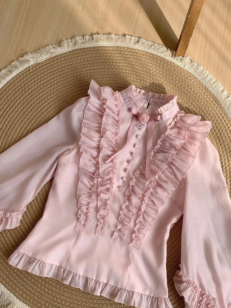 Pink Balloon Sleeve Blouse with Ruffle Accents and Rose Brooch - With PUJI
