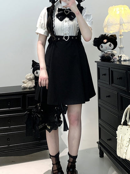 Faux White Jirai Heart Colorblock Dress Bow Kei Tie Belt Overall Black Buckle Detachable with