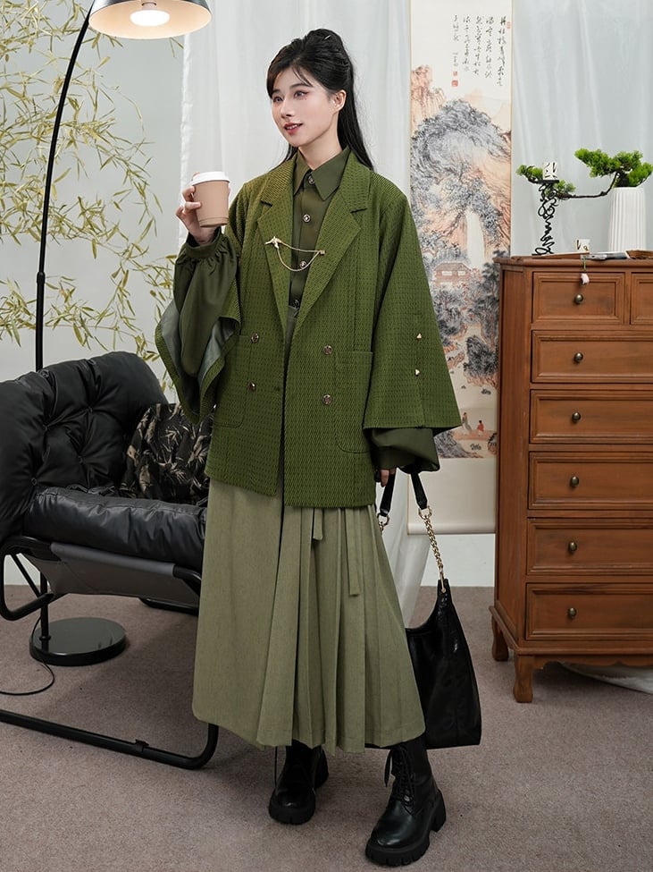 Blazer Front Slit Cuff Green Style Unisex Notched with Design Collar - Chinese Double-Breasted