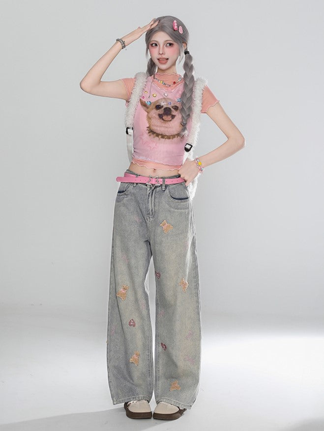 Light Gray Straight-Leg Jeans with Faded Wash and Bear Embroidery