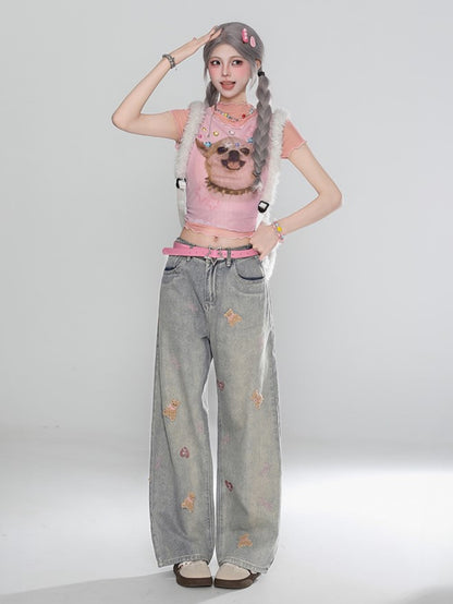 Light Gray Straight-Leg Jeans with Faded Wash and Bear Embroidery