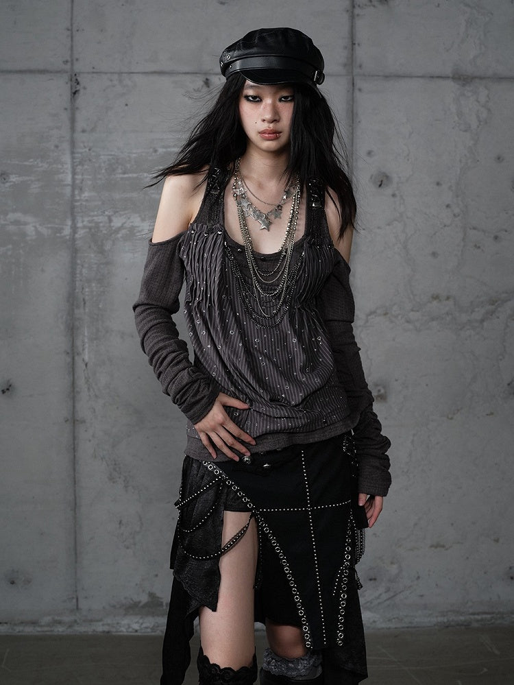 Knit Accents Cutout Gray Layered Shoulder Sequin Top Studded Dark with