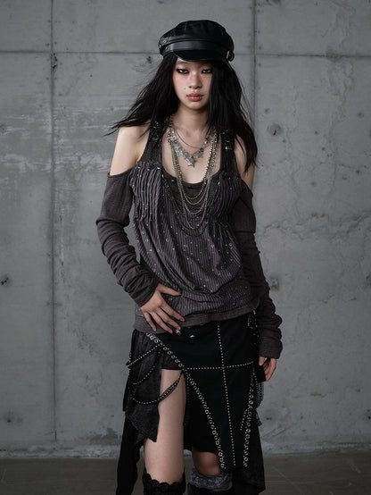 Knit Accents Cutout Gray Layered Shoulder Sequin Top Studded Dark with