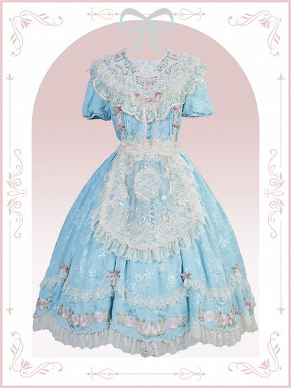 Embroidered Blue Classic Lolita OP Dress with Scallop Lace Trim