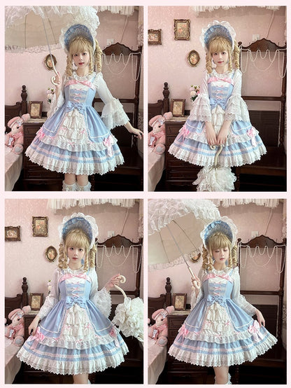 Süßes Lolita-Kleid mit Spitzenbesatz, rosa Schleifen, blau, JSK