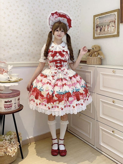 Süßes Lolita-Kleid mit Erdbeer-Dessert und weißem Aufdruck