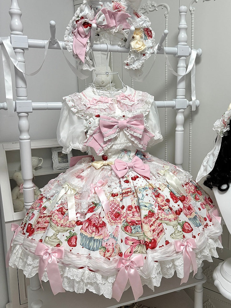 Erdbeerkuchenkleid Süße Printmode mit Schleife Hase Weiße Akzente Lolita und