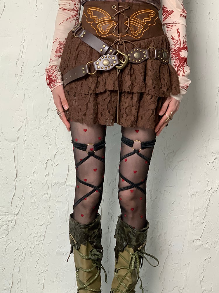 Rot-schwarze Y2K-Strumpfhose mit Herzmuster