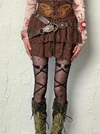 Rot-schwarze Y2K-Strumpfhose mit Herzmuster