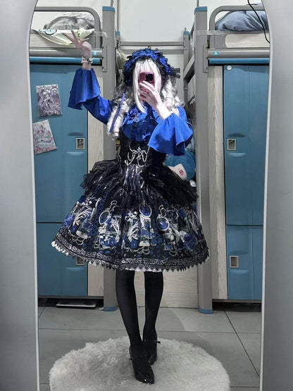 Short Skull Under and Spider with Print JSK Web Blue Dress Bust Gothic Lolita Rosette Overlay Klein