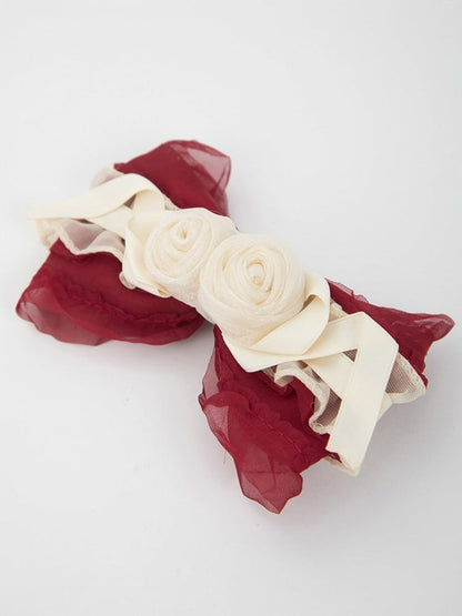 Design Lolita Sweet Hairclip Red Ruffled Beige Floral