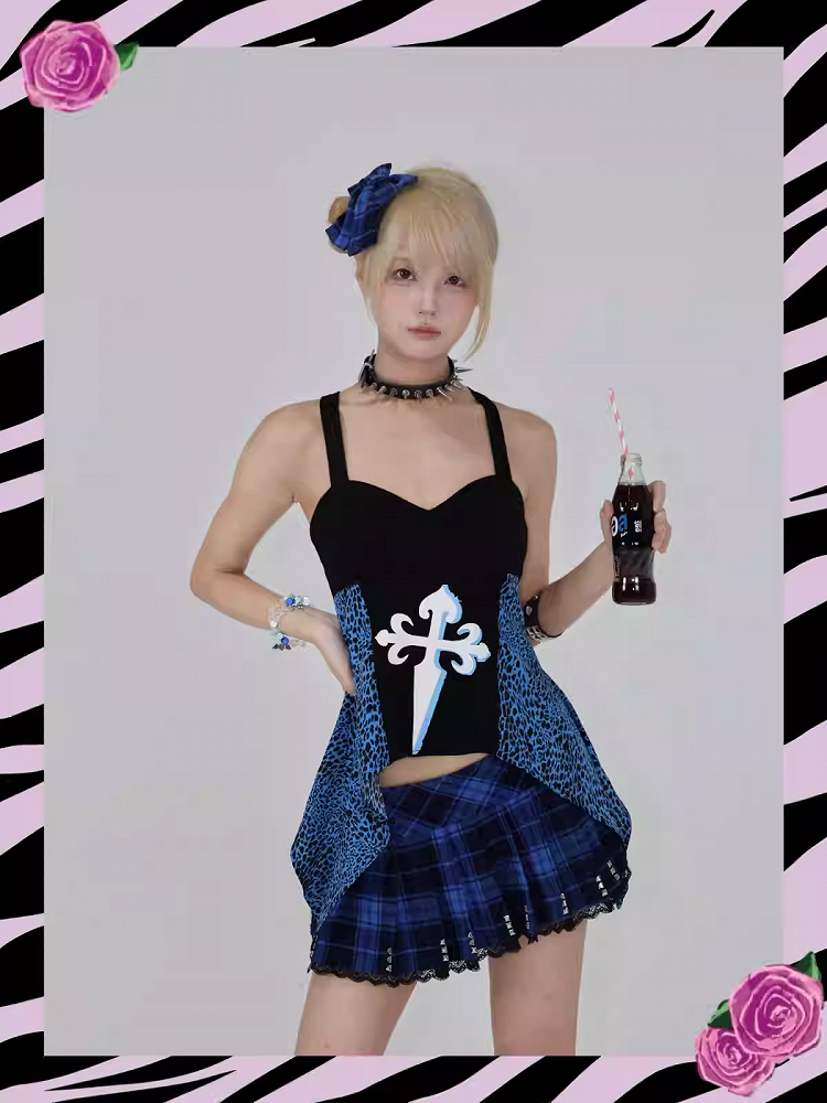 Trägerloses Top Schwarz Glamorous Gyaru Blaue Leoparden Patches Y2K