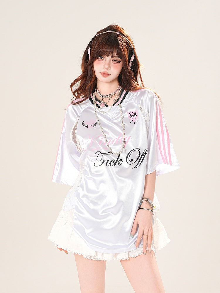 VネックTシャツ コントラストレースパッチ ブロケット コアピンク