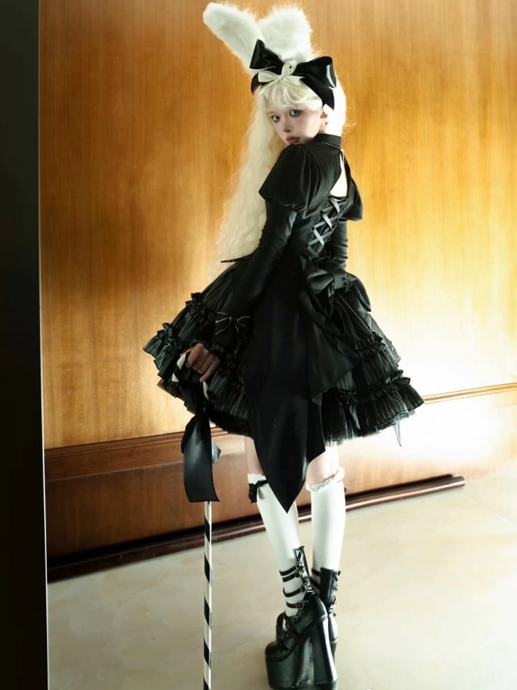 Black and Gray Fake Two-piece Bolero Top Dark Gothic Lolita Striped Dress