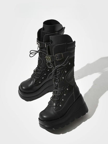 Studded with Boots Back Zip Gothic Mid-Calf Black Platform Buckle Strap Closure Sole -