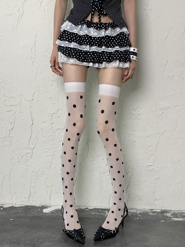 Y2K Polka-dot Overknee Fashion Pattern Gyaru White Stockings