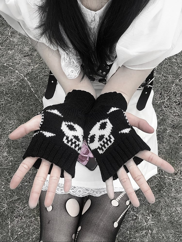 Long Dark Knit Black Gloves Gothic