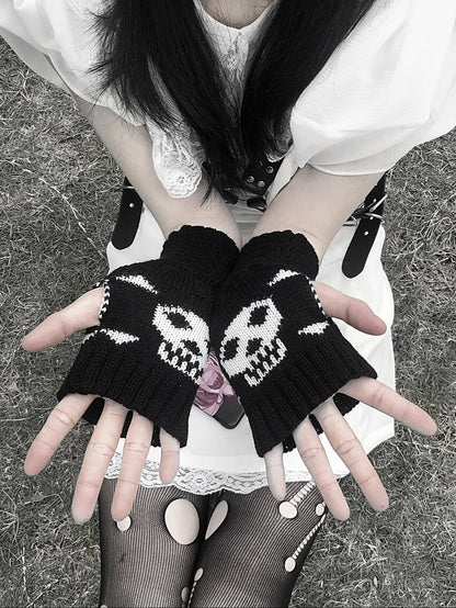 Long Dark Knit Black Gloves Gothic