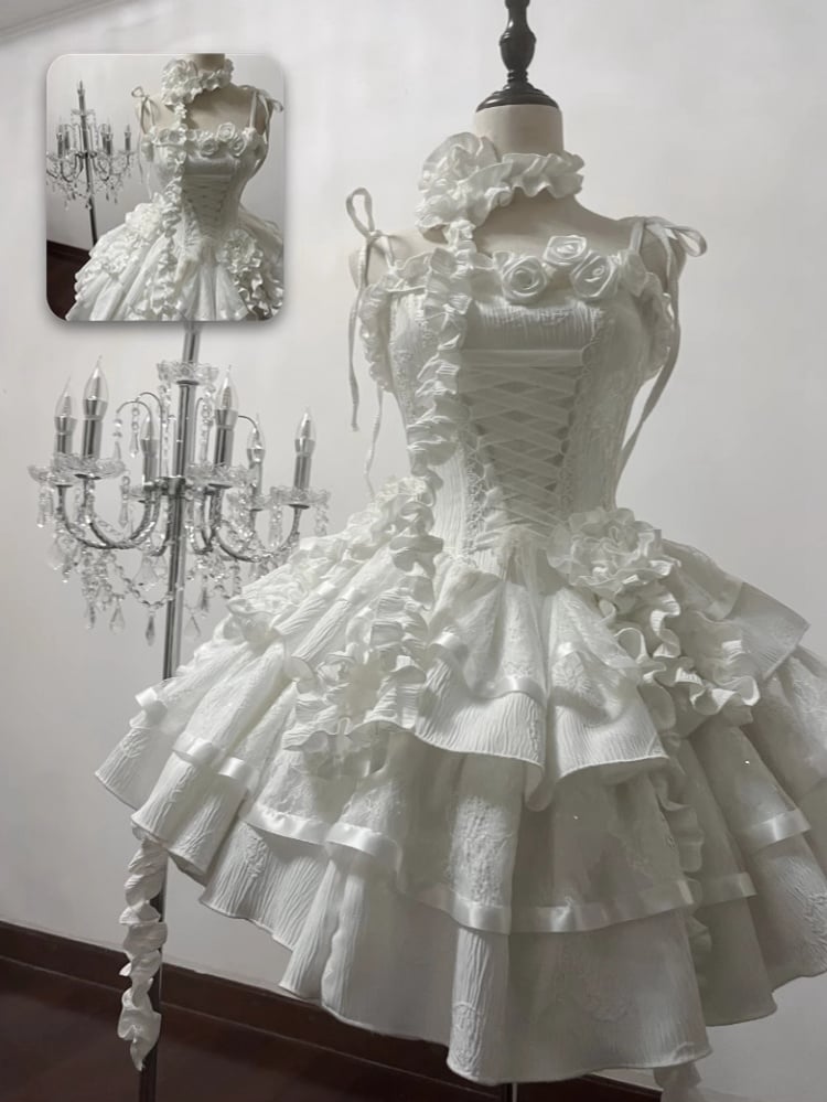 Alle weißen Rosen Ausschnitt Engel Shiro Lolita Goth Boning Kleid Schmetterling Stoff