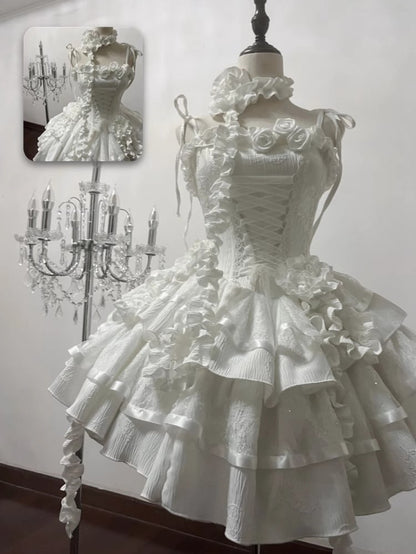 Alle weißen Rosen Ausschnitt Engel Shiro Lolita Goth Boning Kleid Schmetterling Stoff