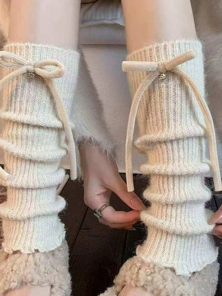 Knit Fluffy Leg Warmers Bow Cream) (Color: