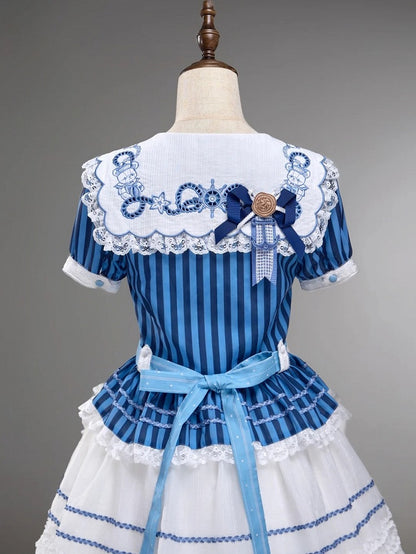 Blue Sailor Bear Embroidered Striped Top with Lace - Twin Bear Original Design