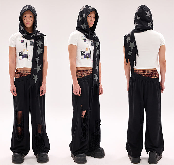 Schwarz/weiße Mütze und Schal mit Stern-Strasssteinen in einem