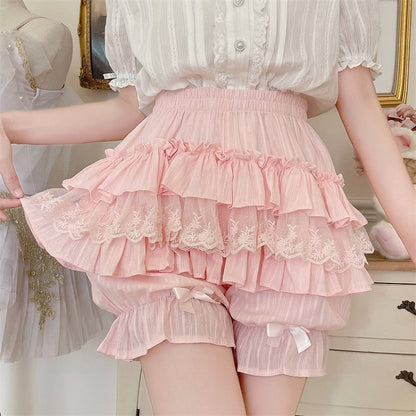 Bow Details Ruffle Lolita Cute with Lace Bloomers Pink Multi-Layer