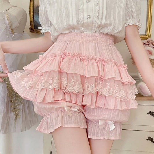 Bow Details Ruffle Lolita Cute with Lace Bloomers Pink Multi-Layer