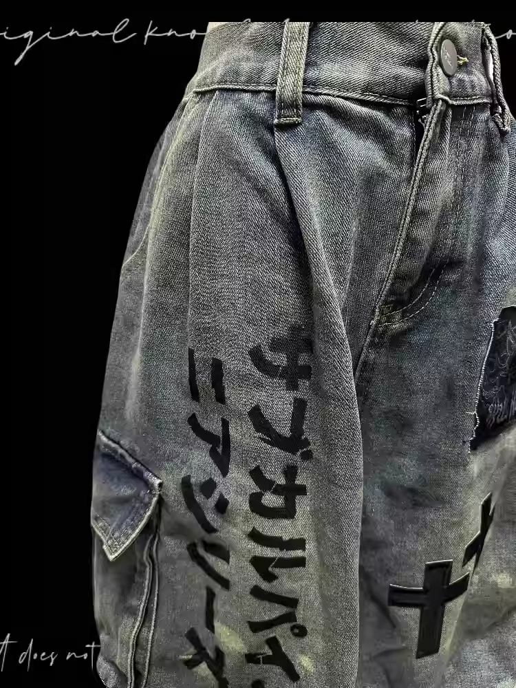 Light Wide-leg Appliques Cross Punk Blue Distressed Wasteland Jeans Cargo