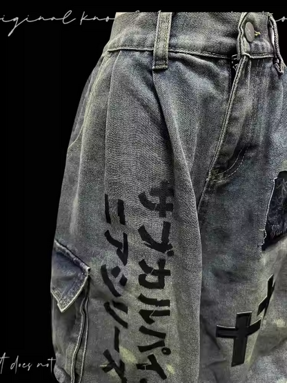 Light Wide-leg Appliques Cross Punk Blue Distressed Wasteland Jeans Cargo