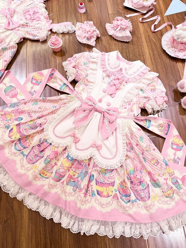 and White Collar Pan Pink Lolita Peter Bunny Cupcake Dress Print Maid