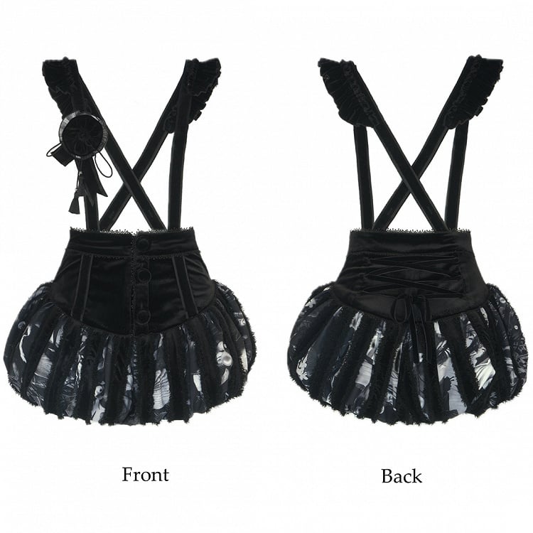 Shoulder Bloomers Lolita Gothic Black Printed Ruffled with Straps