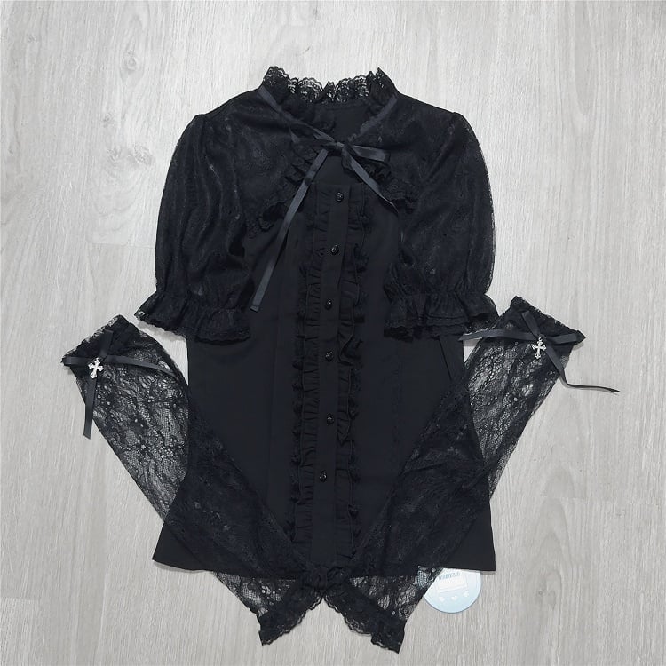 Jirai Kei Black Lace Cape Short Sleeve Blouse/ Sleeves Only